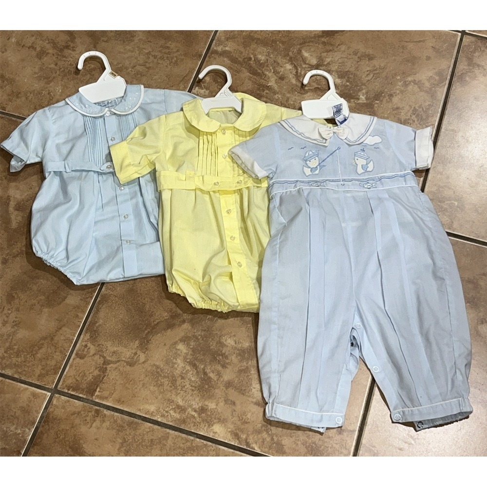 3 - Vtg Classic Smocked Boys Bubble Rompers Outfit Baby Blue & Yellow Sz 9 Mo